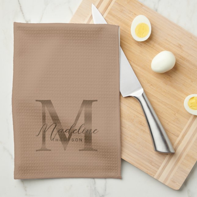 Linge De Cuisine Elegant Script Metallic Taupe Gold Monogram (Quart Plié)