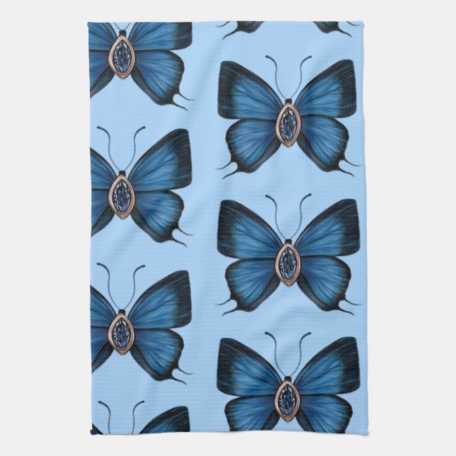 Linge De Cuisine Élégant Septembre Blue Sapphire Butterfly Motif (Vertical)