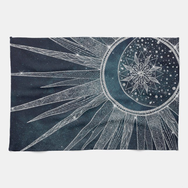 Linge De Cuisine Elégant Silver Sun Moon Doodle Mandala Blue Design (Horizontal)