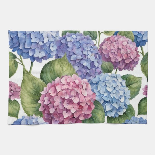 Linge De Cuisine Élégant Tendance Aquarelle Hydrangea Floral  (Horizontal)