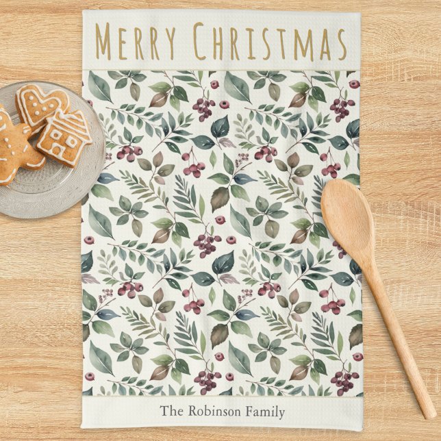 Linge De Cuisine Élégant vert rustique Noël personnalisé (A festive kitchen towel with 'Merry Christmas' greeting, greenery, red berries and custom text)