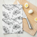 Linge De Cuisine Élégant Vintage gravé noir Roses et rubans<br><div class="desc">Elégant et romantique noir gravé roses vintages,  fleurs,  vignes,  feuilles et papillons avec rubans et arcs entrelacés sur un arrière - plan blanc.</div>