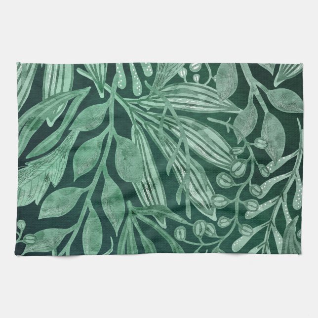 Linge De Cuisine Elégante aquarelle Botanique Vert Feuille (Horizontal)
