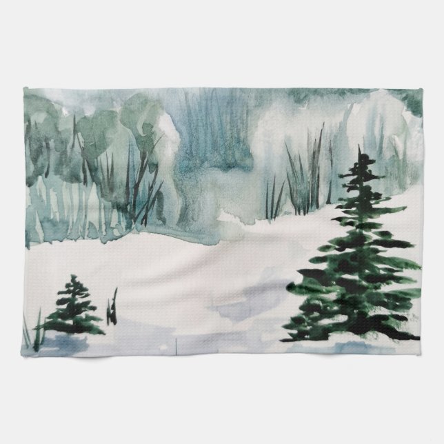 Linge De Cuisine Elégante aquarelle hiver Noël Arbres neige (Horizontal)