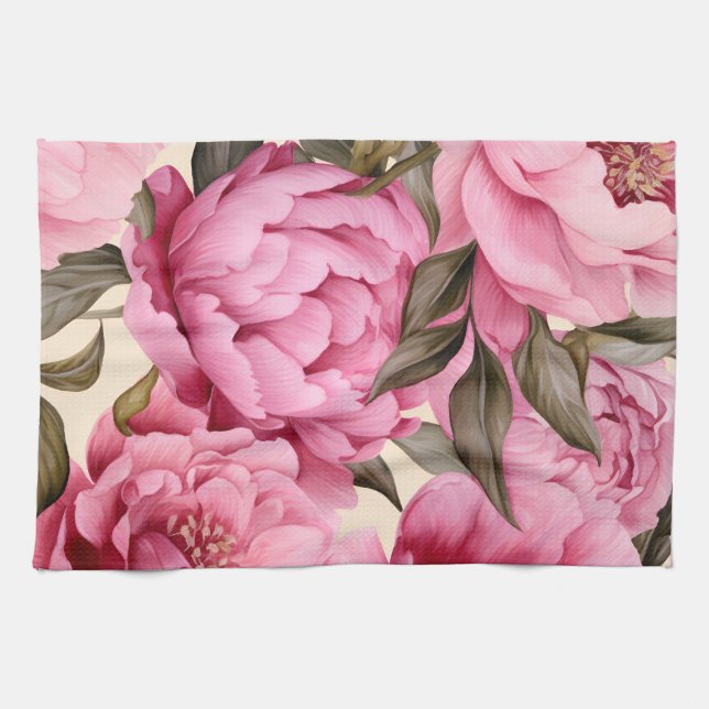 Linge De Cuisine Elégante Aquarelle Peony Flowers (Horizontal)