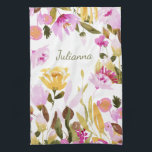 Linge De Cuisine Elégante aquarelle rose jaune Floral Personnalisé<br><div class="desc">Elégante Aquarelle rose jaune Floral Personnalisé Serviette de cuisine</div>