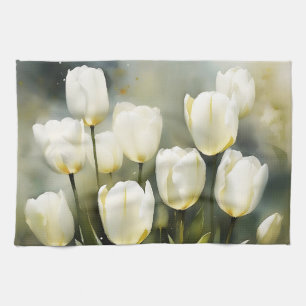 Linge De Cuisine Élégante bande de tulipes blanches dans un jardin