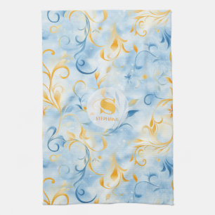 Linge De Cuisine Elégante feuille bleu et or inspirée de la taille