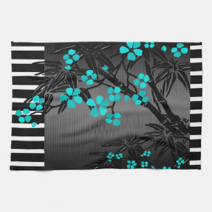 Linge De Cuisine Élégante fleur de bleu cyan bambou noir asiatique