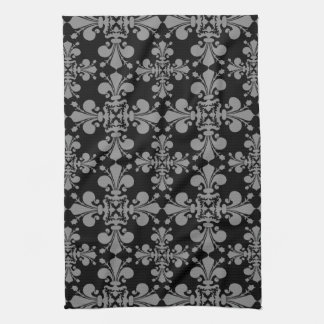 Linge De Cuisine Elégante fleur de lis gothique damassé noir et gri