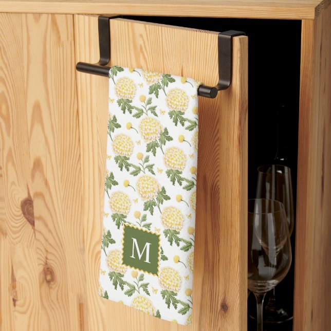 Linge De Cuisine Élégante Hydragea Jaune Monogramme Floral (Pliage en tiers)
