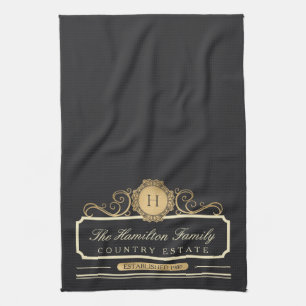 Linge De Cuisine Élégante Maison familiale Monogram Gold Charcoal C