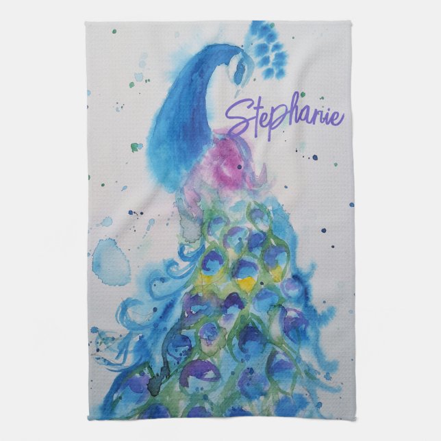 Linge De Cuisine Elégante Peacock Aquarelle Femmes couleurs pastel (Vertical)