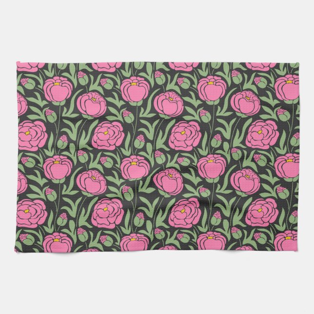 Linge De Cuisine Elégante Pierre rose Fleurs (Horizontal)