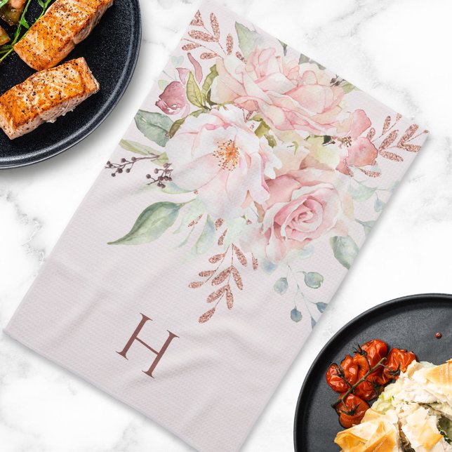 Linge De Cuisine Élégante rose peonie florale monogrammée (In situ)