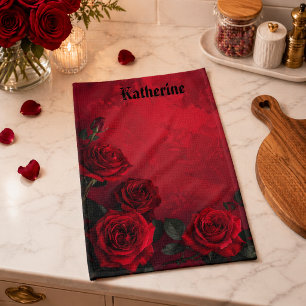 Linge De Cuisine Elegantes Roses Rouges Gothiques Nom Personnalisé