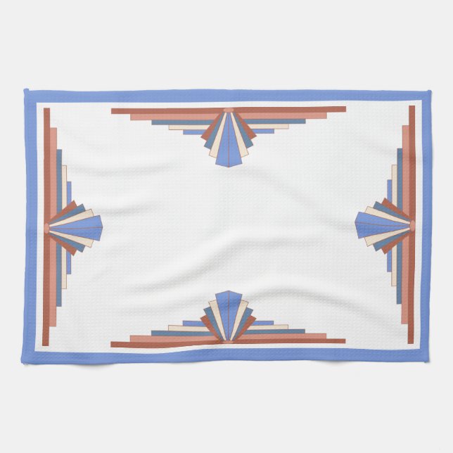 Linge De Cuisine Éléments Art déco en or rose & bleu (Horizontal)