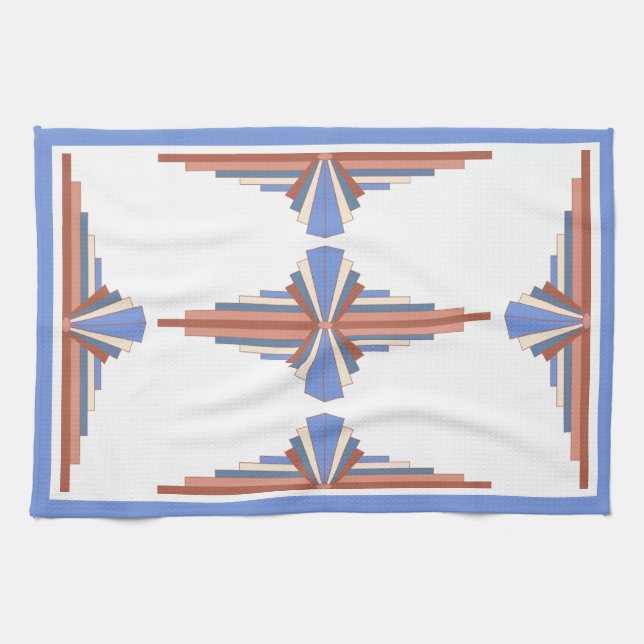 Linge De Cuisine Éléments Art déco en or rose & bleu (Horizontal)