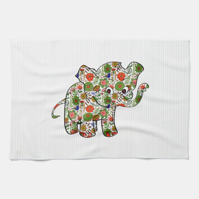 Linge De Cuisine Eléphant Bébé Floral Coloré (Horizontal)