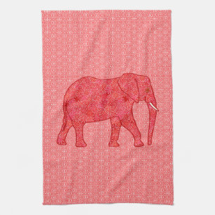 Linge De Cuisine Eléphant de fleurs - rouge profond et corail