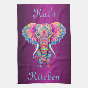 Linge De Cuisine Eléphant de Mandala coloré avec nom Customisé