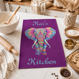 Linge De Cuisine Éléphant Mandala Coloré avec Nom Personnalisé