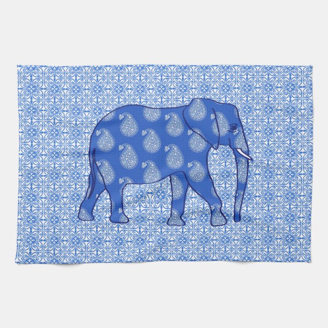 Linge De Cuisine Éléphant Paisley - bleu cobalt et blanc (Horizontal)