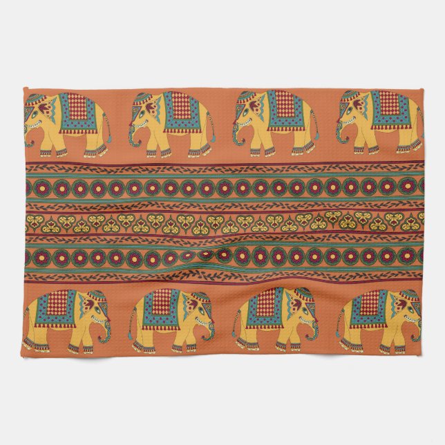 Linge De Cuisine Eléphants Indiens, Orange Traditionnel Sans Seamle (Horizontal)