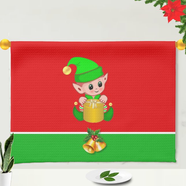 Linge De Cuisine Elfe de Noël mignon sur fond vert et rouge (Créateur téléchargé)