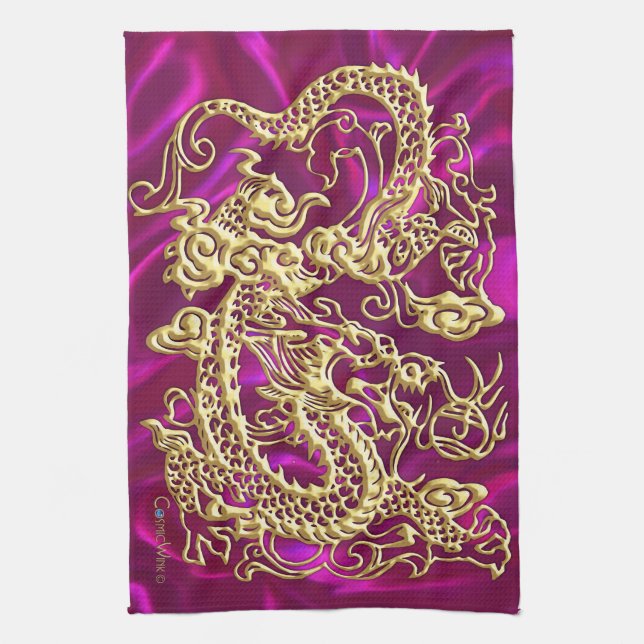 Linge De Cuisine Embossé Dragon Or Magenta Satin Impression (Vertical)
