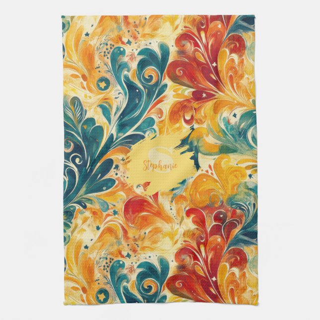 Linge De Cuisine Emerald Green & Gold Abstrait Paisley Feuilles (3) (Vertical)