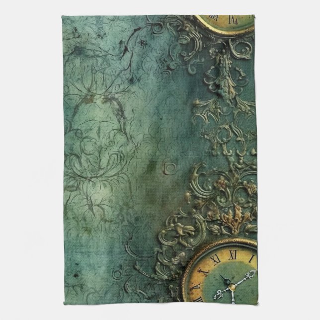 Linge De Cuisine Émeraude Green Rustic Steampunk Horloge (8) (Vertical)