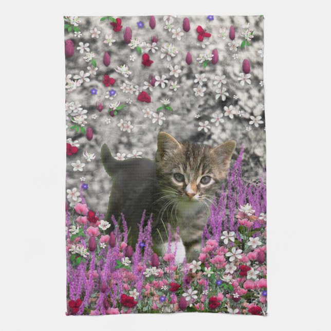 Linge De Cuisine Emma en fleurs I - petit chaton gris (Vertical)