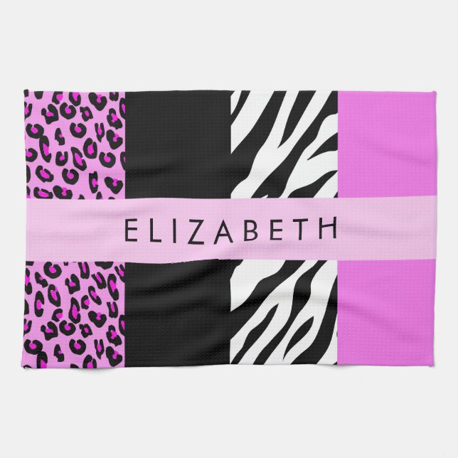 Linge De Cuisine Empreinte de léopard, Zebra Print, Rose, Votre nom (Horizontal)