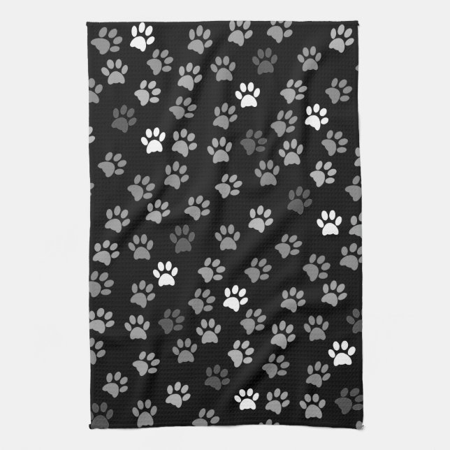 Linge De Cuisine Empreinte de patte de chiot | Noir Blanc & Gris (Vertical)