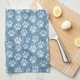 Linge De Cuisine Empreintes de pattes blancs en bleu - Rustique Ama