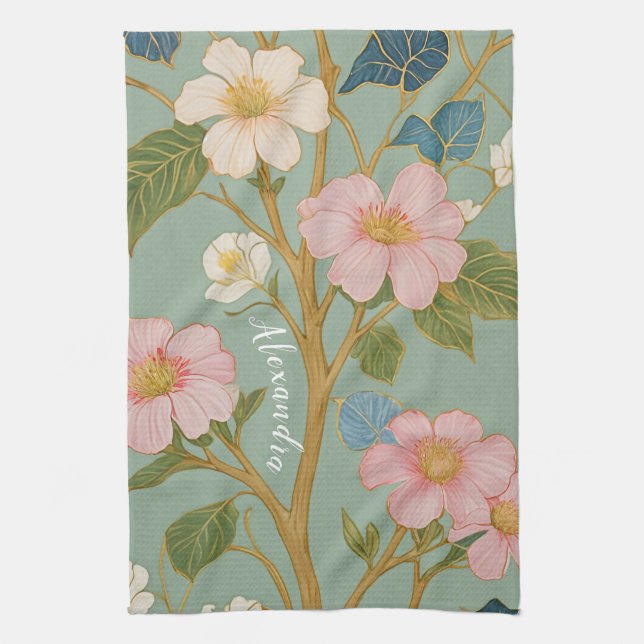 Linge De Cuisine En fleurs : Branche pastel avec fleurs roses (Vertical)