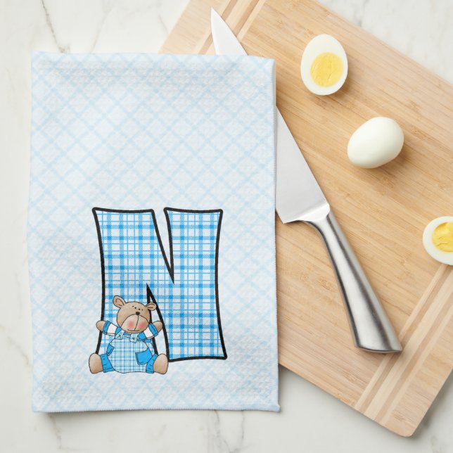 Linge De Cuisine En vichy bleu pour enfant Imprimer Monogramme Big  (Quart Plié)