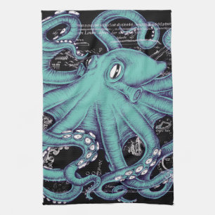 Linge De Cuisine Encre de carte vintage Turquoise Octopus