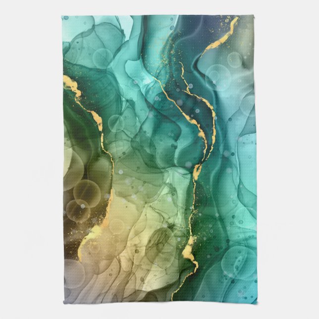 Linge De Cuisine Encre Liquide Or, Turquoise et gris foncé (Vertical)