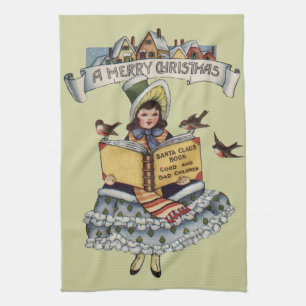 Linge De Cuisine Enfant vintage avec le livre du Père Noël