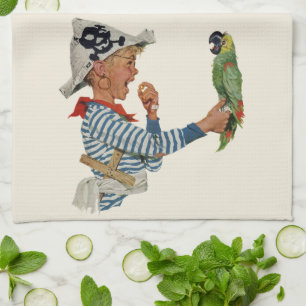 Linge De Cuisine Enfant vintage, Garçon Jouant Pirate Parrot Bird