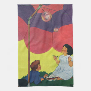 Linge De Cuisine Enfants vintage soufflant des bulles sous un parap