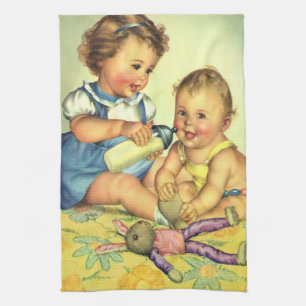 Linge De Cuisine Enfants vintage, tout-petits heureux sourient au b