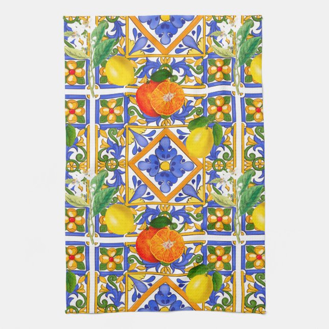 Linge De Cuisine Été, Carreaux siciliens, agrumes, oranges, majolic (Vertical)
