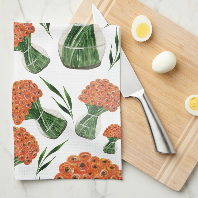 Linge De Cuisine Été indien Ranunculus italien à l'aquarelle (Quart Plié)