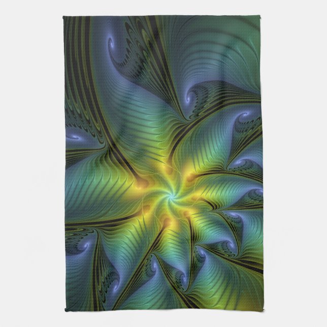 Linge De Cuisine Étoile abstraite, art fractal doré bleu vert brill (Vertical)
