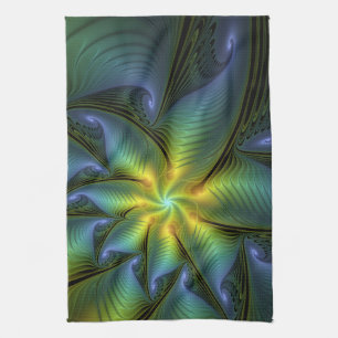 Linge De Cuisine Etoile Abstraite, Bleu brillant Vert Or Fractal Ar