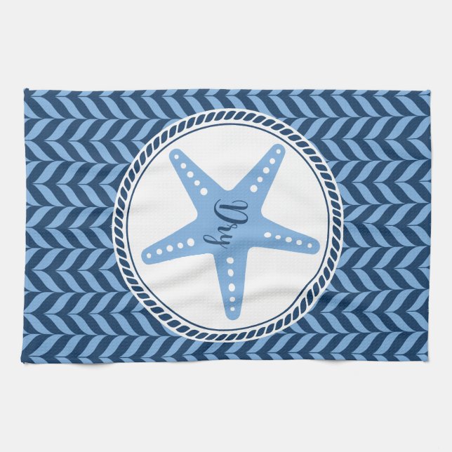 Linge De Cuisine Étoile de mer bleue marine côtière  (Horizontal)
