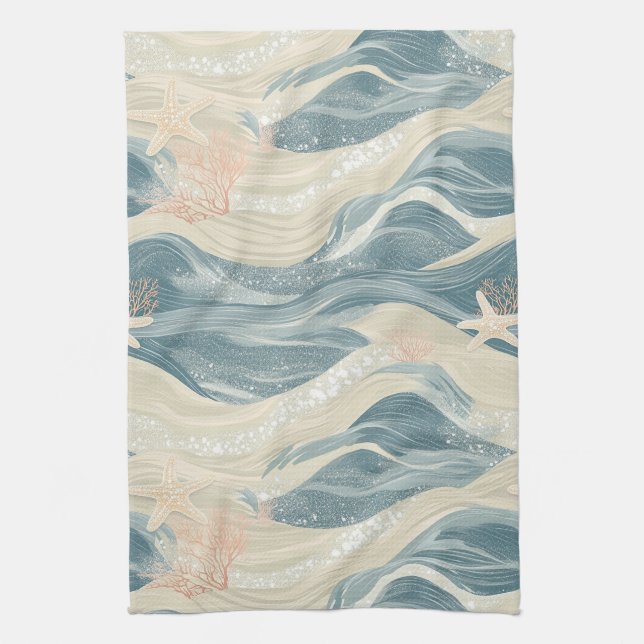 Linge De Cuisine Étoile de mer côtière sur motif de vagues de sable (Vertical)